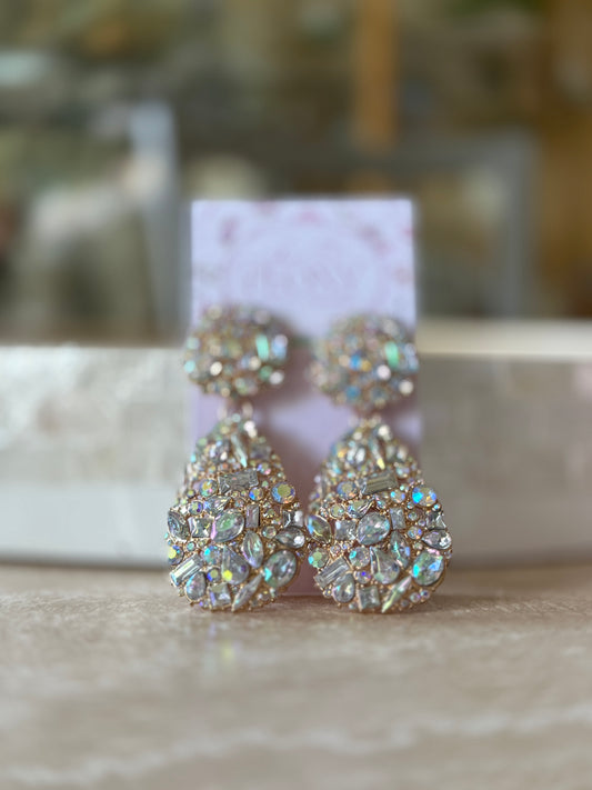 Iridescent Rhinestone Statement Drop Earrings – 3” Lightweight Glamour Earrings