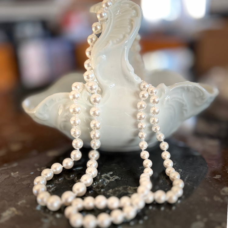 Parisian Long Strand 8mm Faux Pearl Necklace – 46” Hand-Knotted Mother-of-Pearl Coated Pearls
