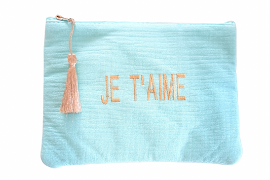Je T’aime Paris Cosmetic Bag – Aqua Blue Travel Makeup Pouch with Gold Tassel