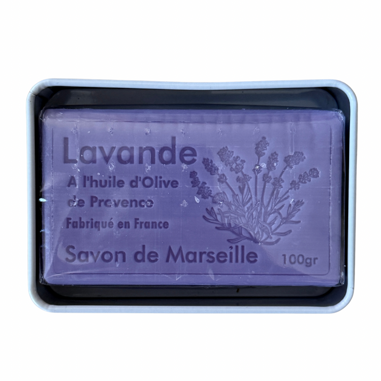 Savon Lavande de Marseille Soap with Olive Oil & Shea Butter in Floral Tin 3.52 oz