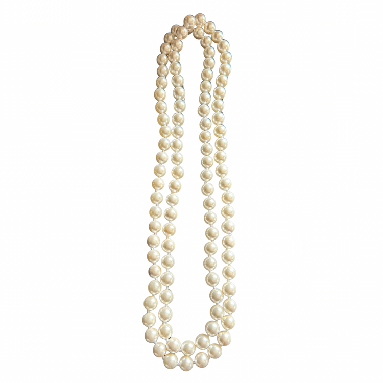 Parisian Long Strand Faux Pearl Necklace – 10mm 46” Hand-Knotted Mother-of-Pearl Coated Pearls