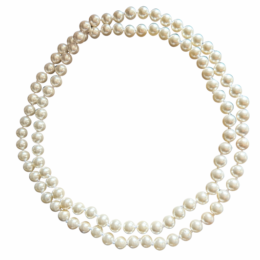 Parisian Long Strand Faux Pearl Necklace – 10mm 46” Hand-Knotted Mother-of-Pearl Coated Pearls