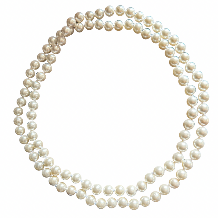 Parisian Long Strand Faux Pearl Necklace – 10mm 46” Hand-Knotted Mother-of-Pearl Coated Pearls