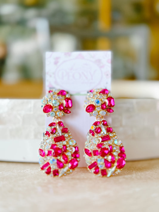 Fuchsia Rhinestone Statement Drop Earrings – 3” Lightweight Glam Earrings
