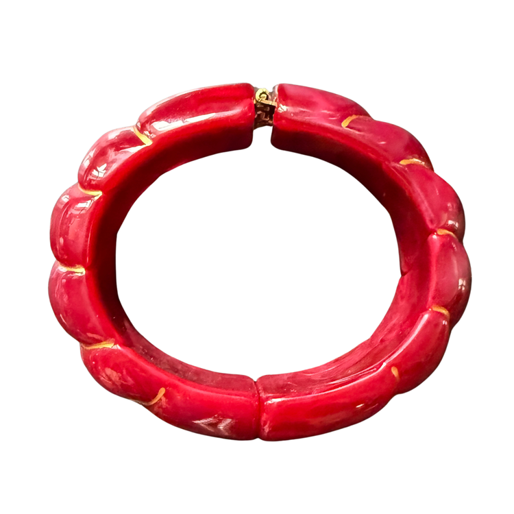 Parisian Chunky Resin Bracelets – Hinge & Stretch Bangles with Faux Gemstone in Red and Ivory | Retro Statement Jewelry