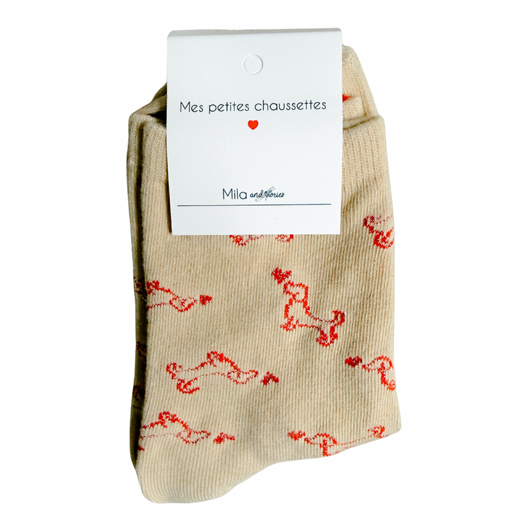Parisian Dachshund Heart Socks – Shimmery Knit Cozy Socks in White & Beige | French Unisex Gift | Chic Accessories