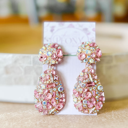 Pale Pink Rhinestone Statement Drop Earrings – 3” Lightweight Glam Earrings