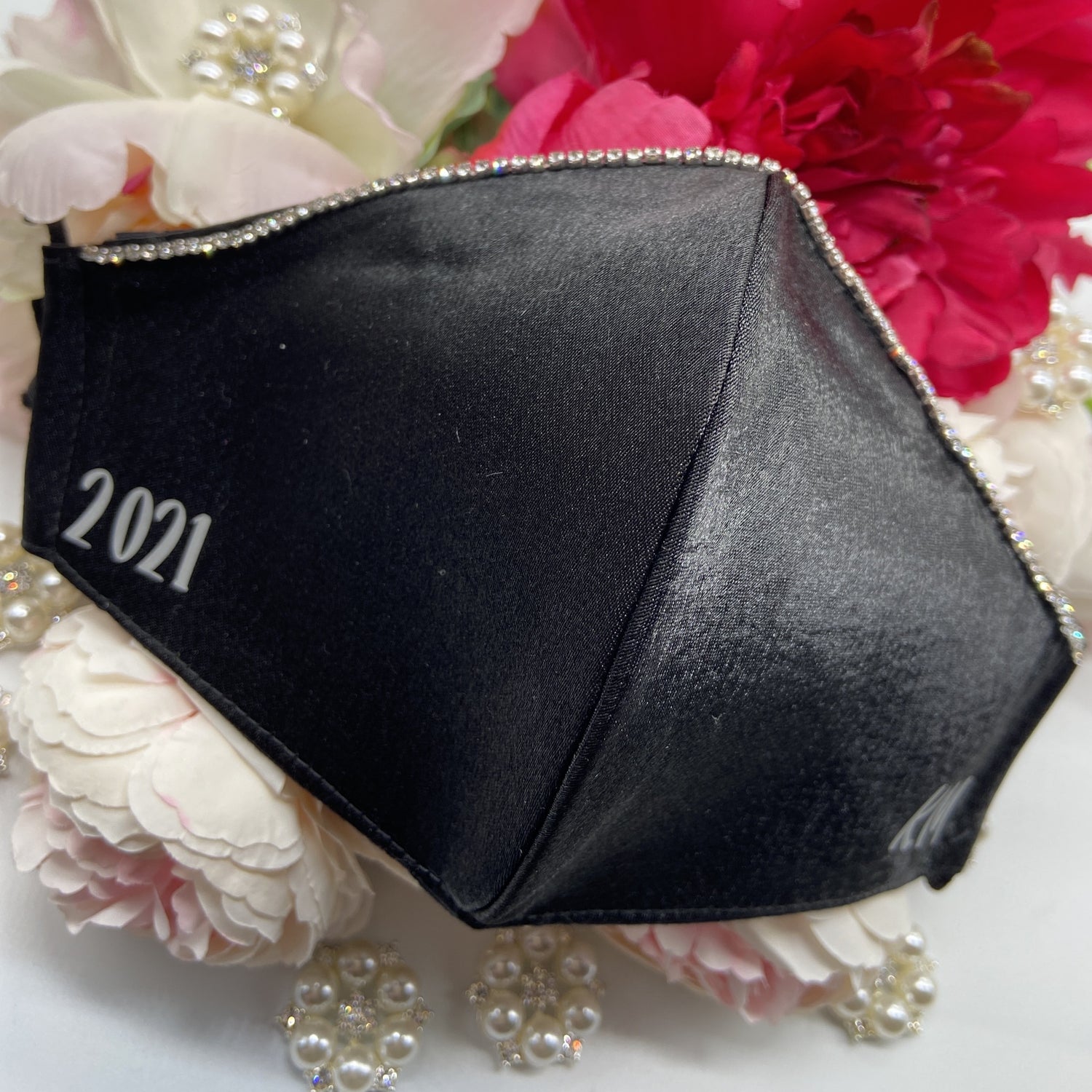 Handmade black satin personalized masks with rhinestones 