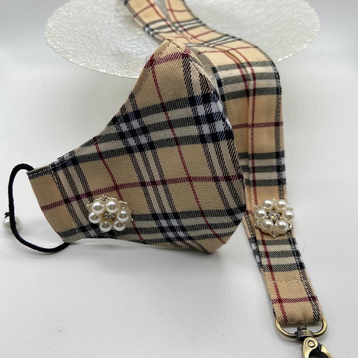 Tartan print mask, lanyard and brooches