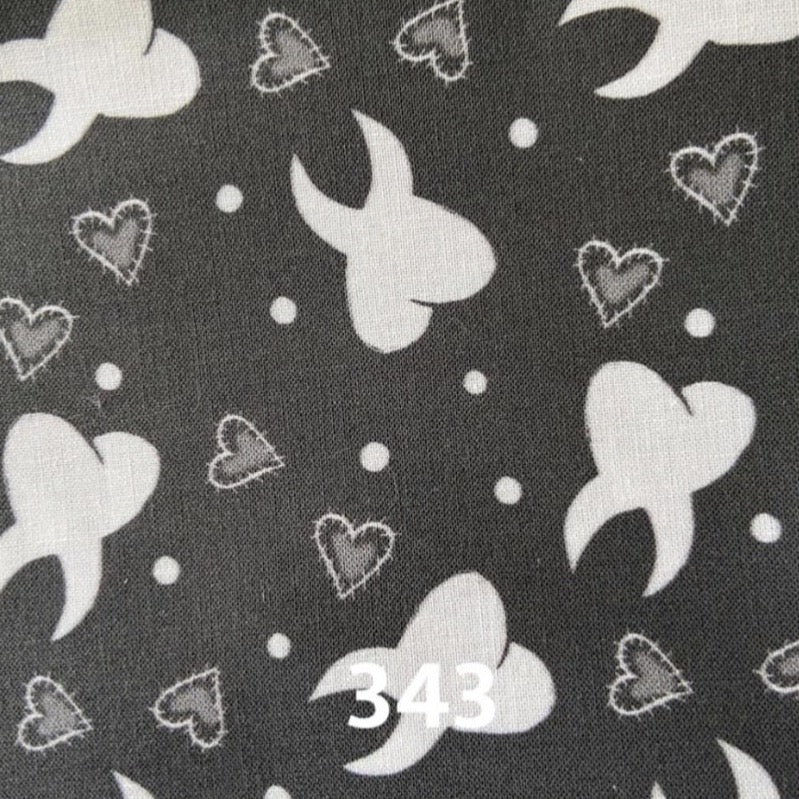 Charcoal with white teeth and hearts fabric