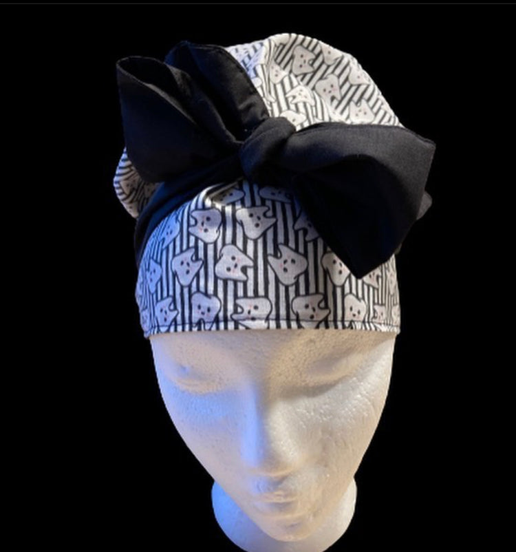 Black and white scrub bonnet with black tie