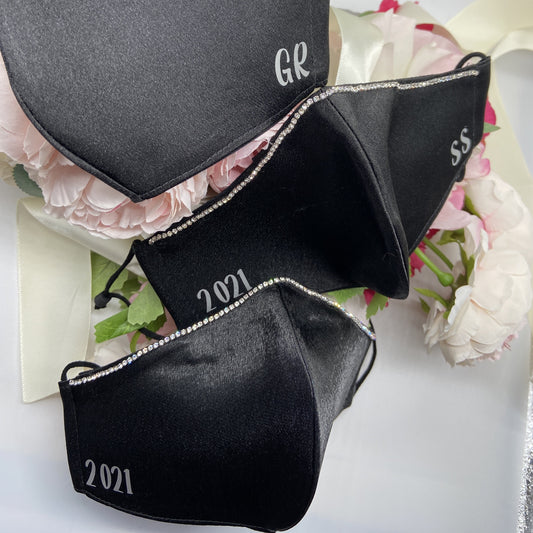 Handmade black satin personalized masks with rhinestones 