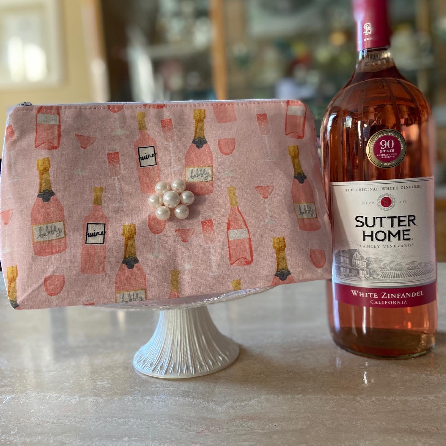 Pink wine/champagne cosmetic bag