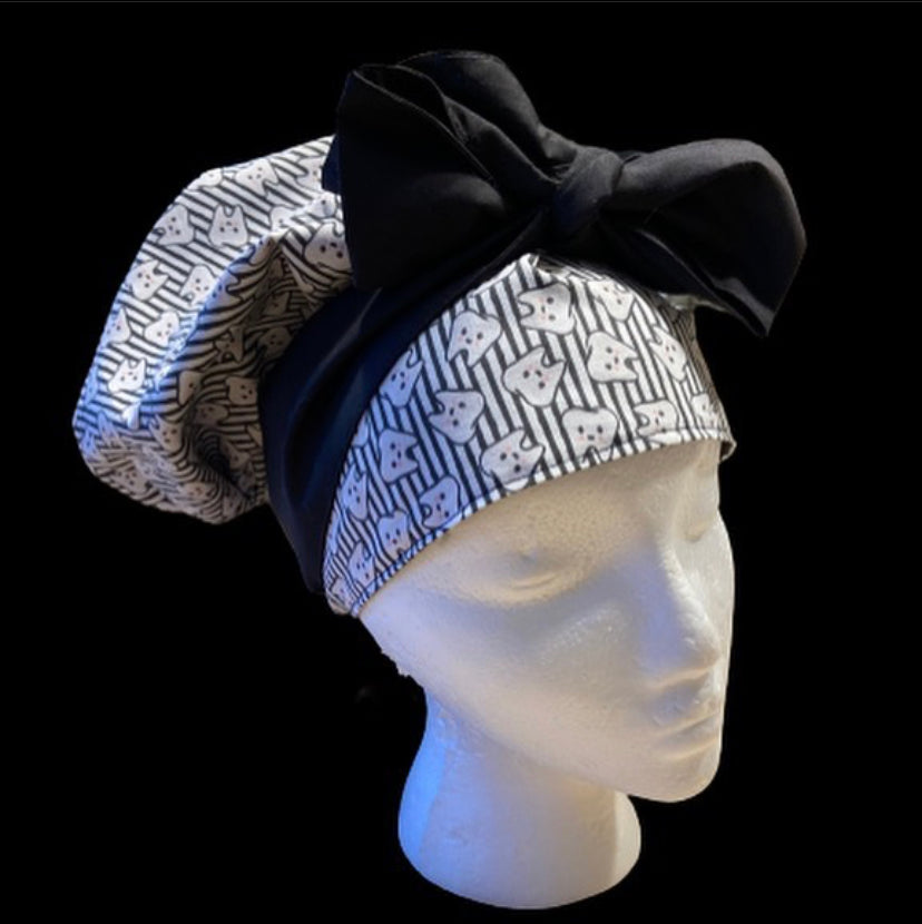 Black and white scrub bonnet with black tie