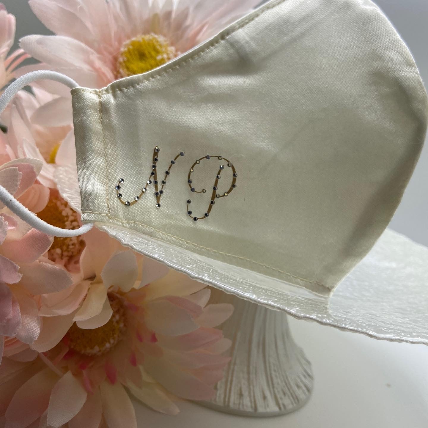 Personalized and handmade cream satin mask with pearl ear adjusters