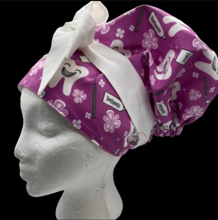 Dental Purple and White Tooth Themed Scrub Bonnet