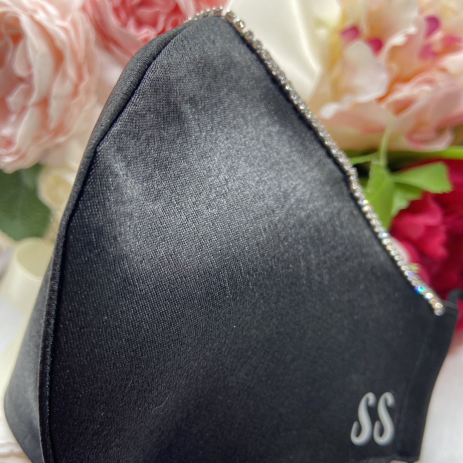 Handmade black satin personalized masks with rhinestones 