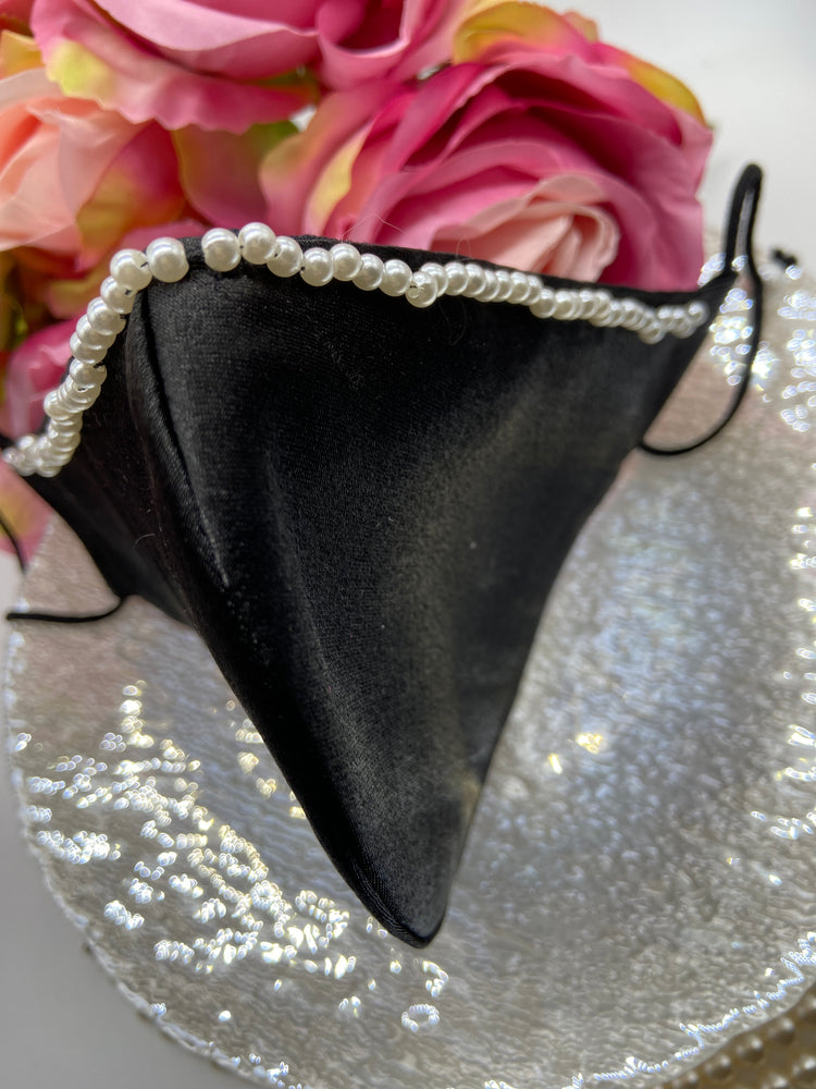 Hand Beaded Pearls on a Black Satin Mask