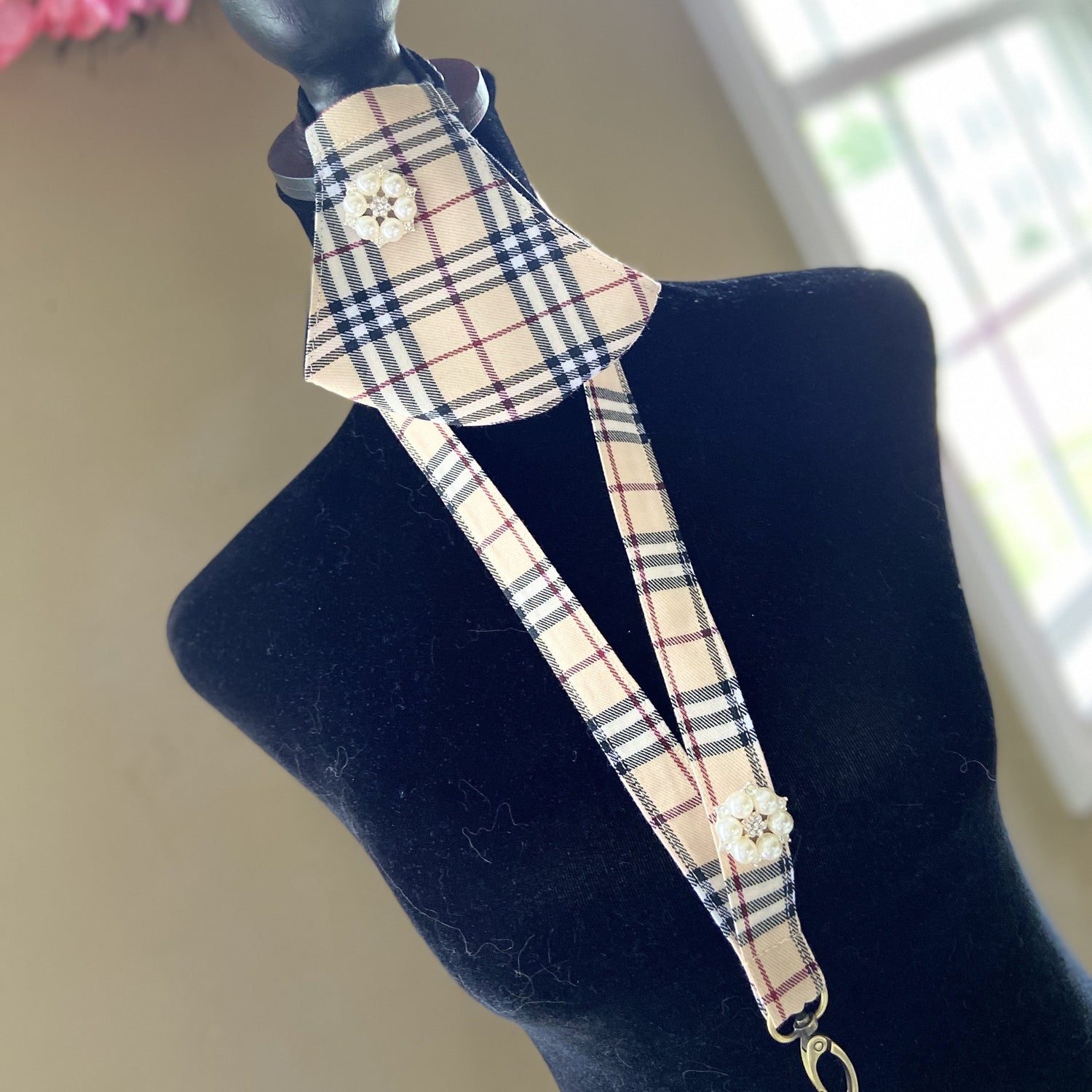 Tartan print mask, lanyard and brooches