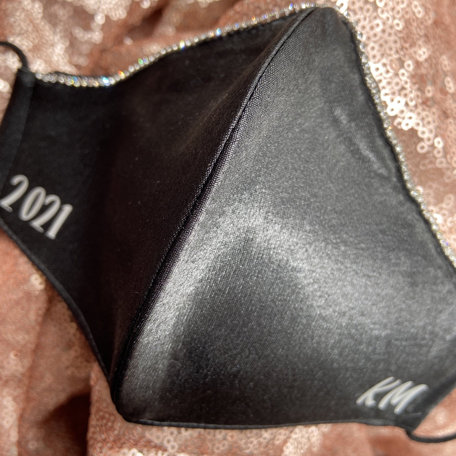 Handmade black satin personalized masks with rhinestones 