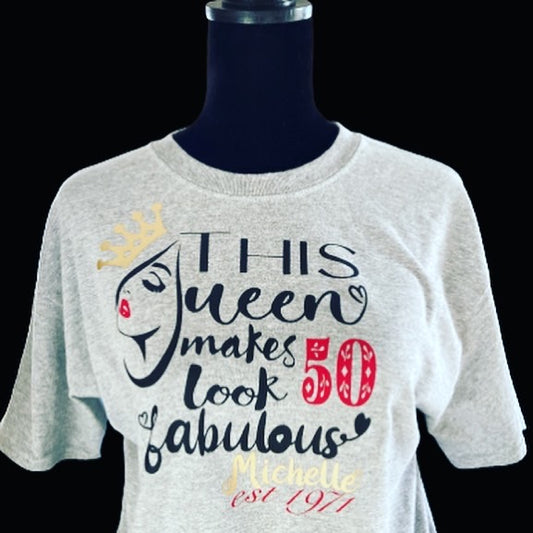 Gray short sleeve birthday milestone shirt.