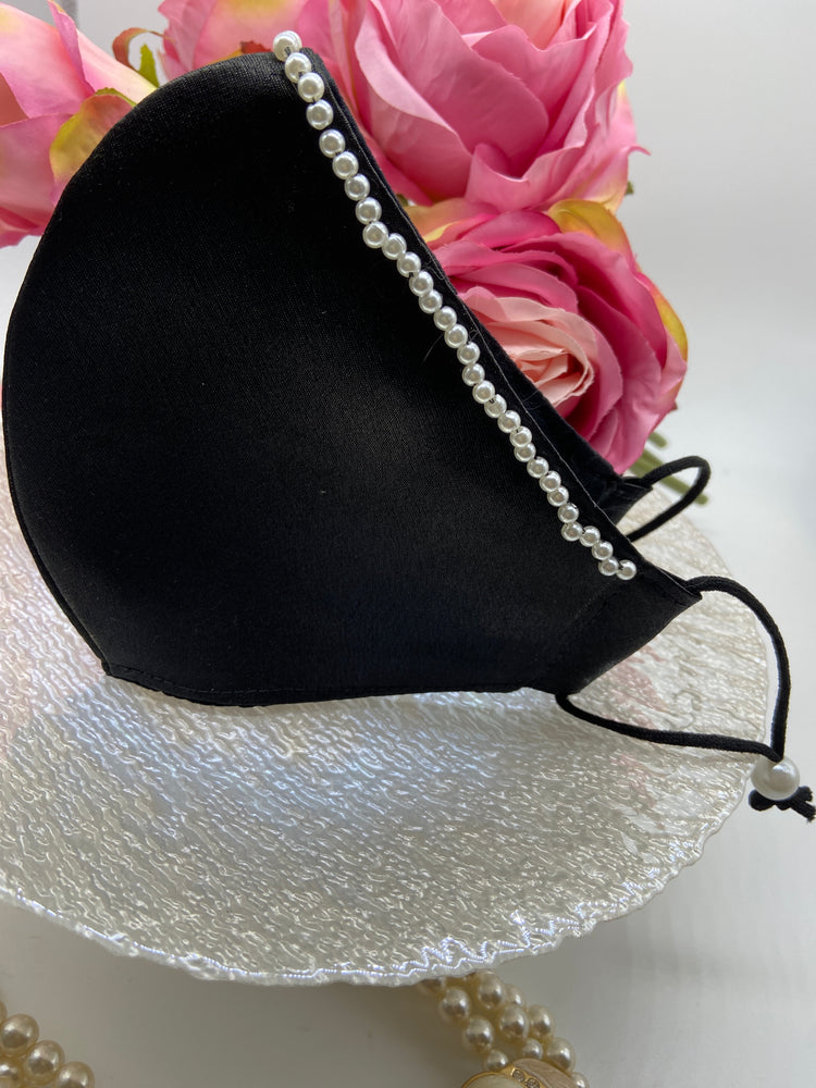 Hand Beaded Pearls on a Black Satin Mask