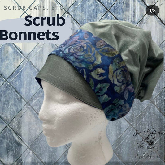 Olive and floral print bow scrub bonnet