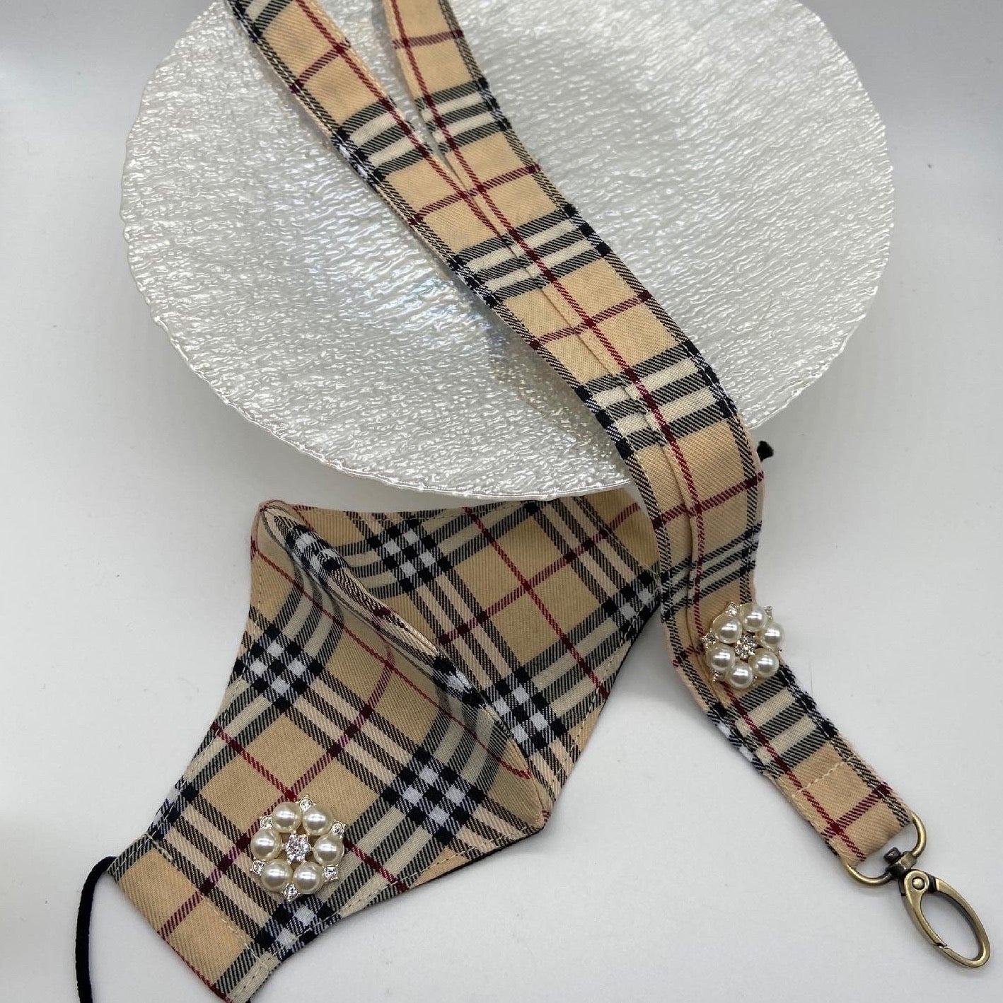 Tartan print mask, lanyard and brooches