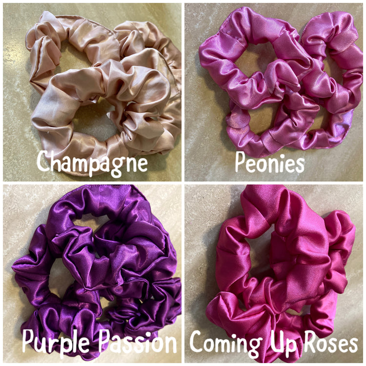 Scrunchie options: champagne, peonies, purple passion, coming up roses