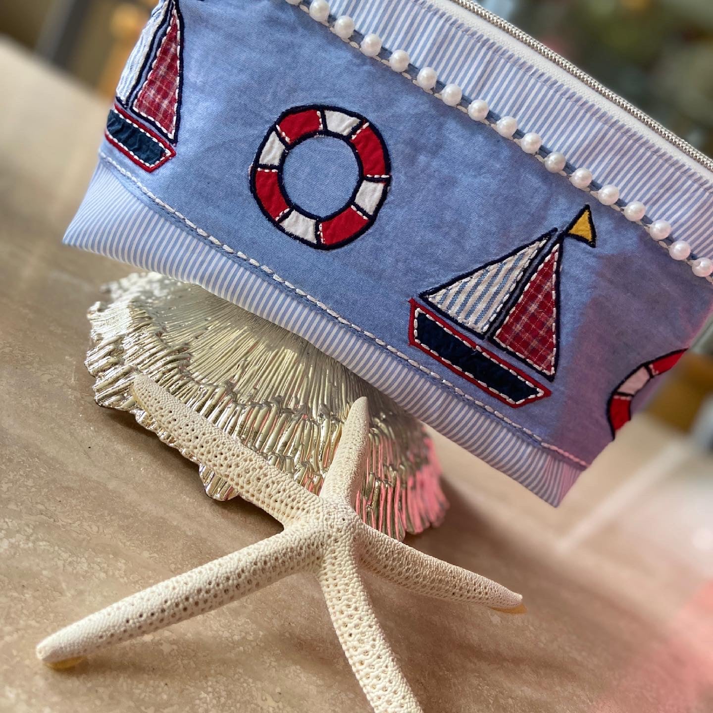 Blue and white striped nautical cosmetic bag/mini cooler