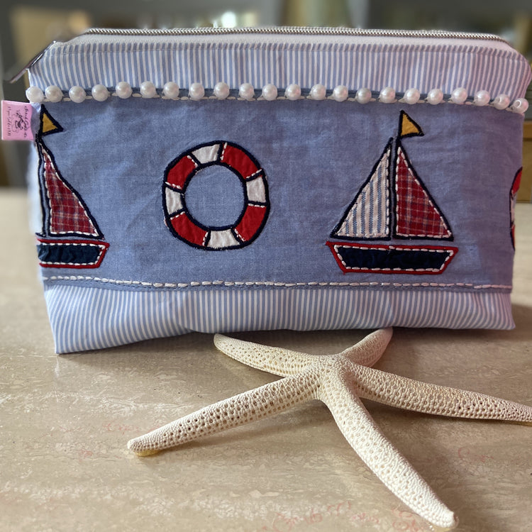 Blue and white striped nautical cosmetic bag/mini cooler