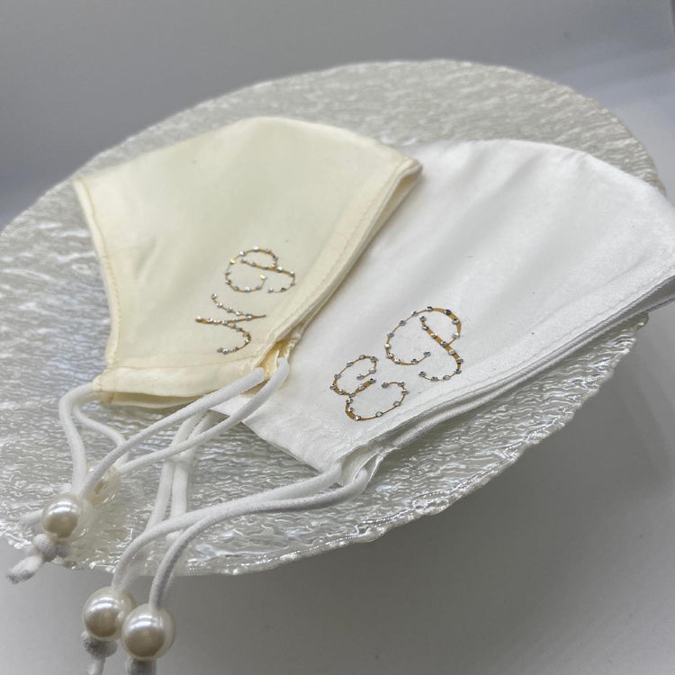 Personalized and handmade cream and white satin mask with pearl ear adjusters