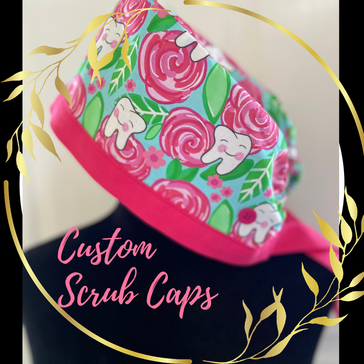 Pink and Aqua floral scrub cap with bright pink band