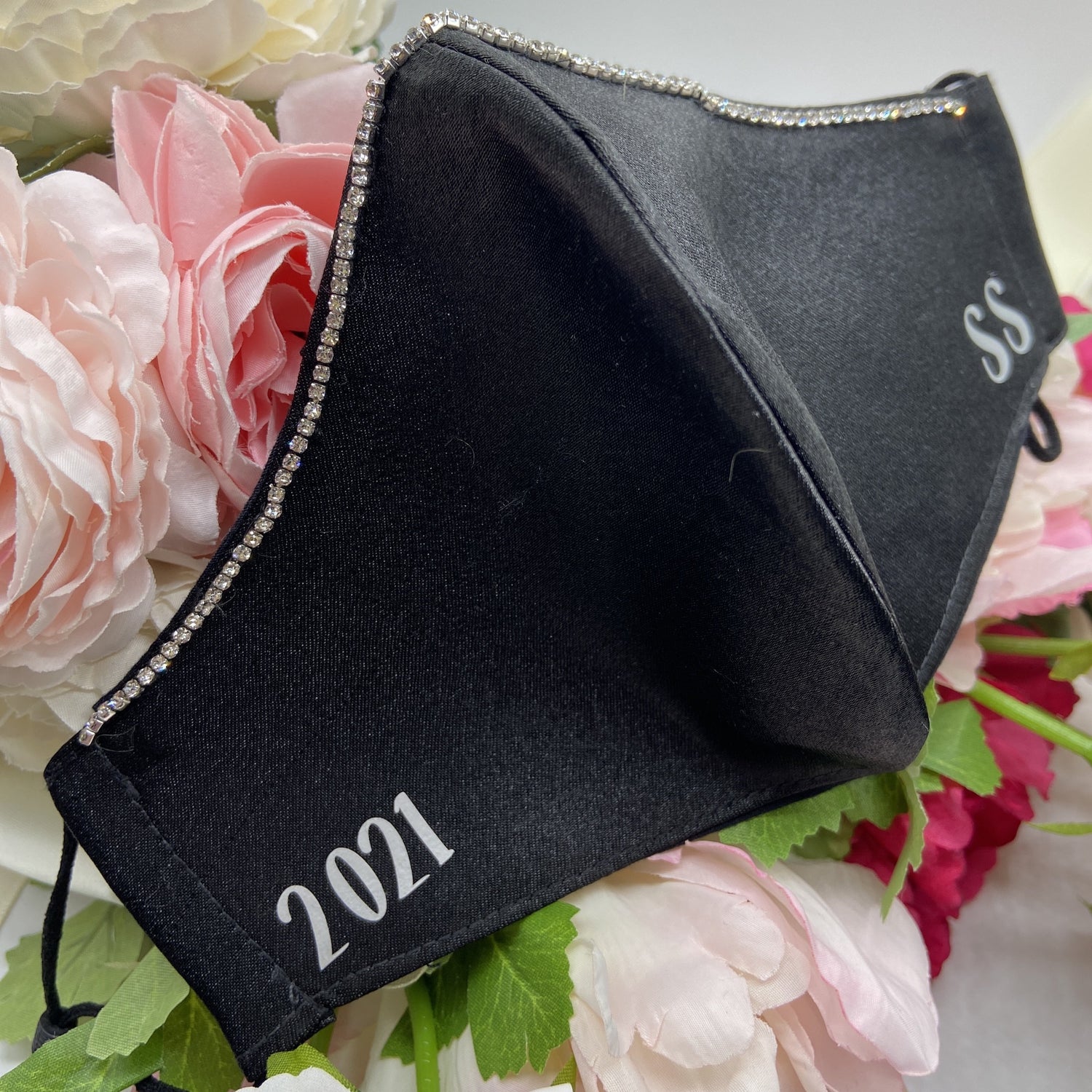Handmade black satin personalized masks with rhinestones 