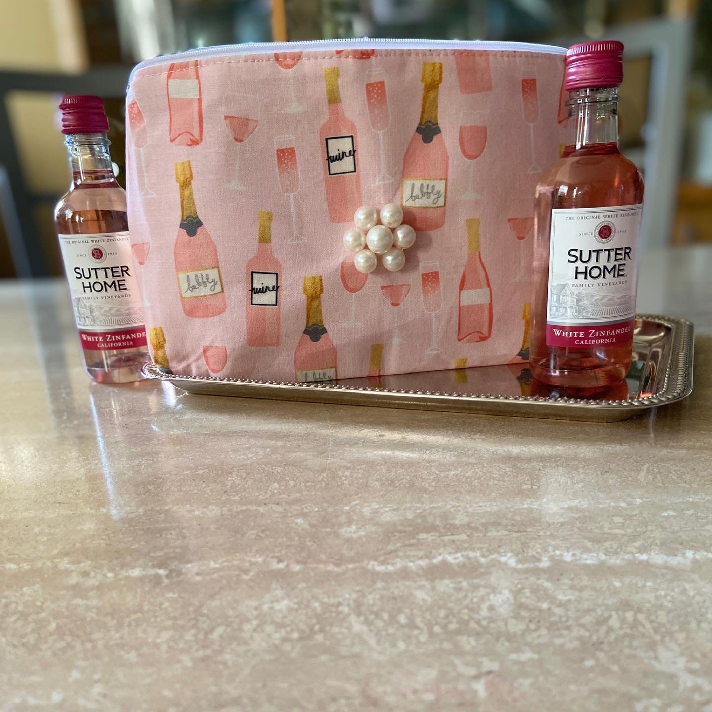 Pink wine/champagne cosmetic bag