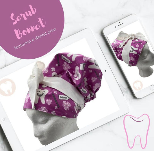 Dental Purple and White Tooth Themed Scrub Bonnet