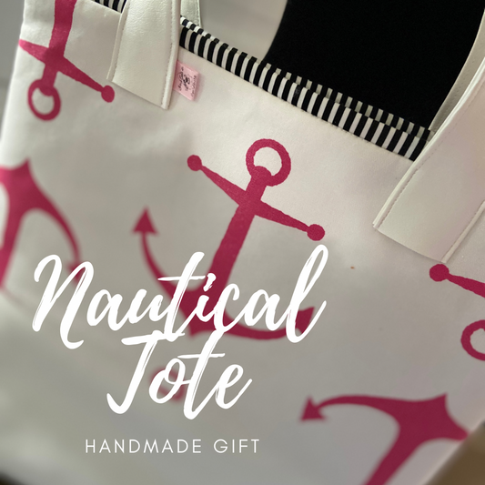 Pink & White Nautical Tote Bag with Marine Vinyl Bottom & Cotton Web Straps
