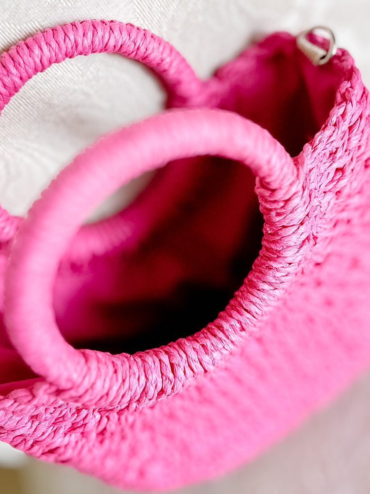 Pink Petite Straw Handbag with Detachable Strap & Drawstring Closure