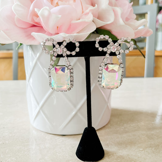 Bold Parisian Bow Earrings in AB Rhodium Emerald Cut