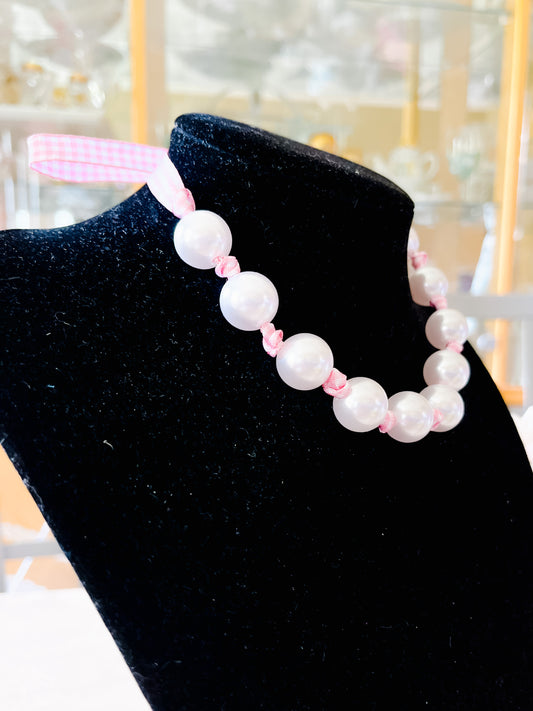 Princess Pink Gingham & Pearl Adjustable Necklace