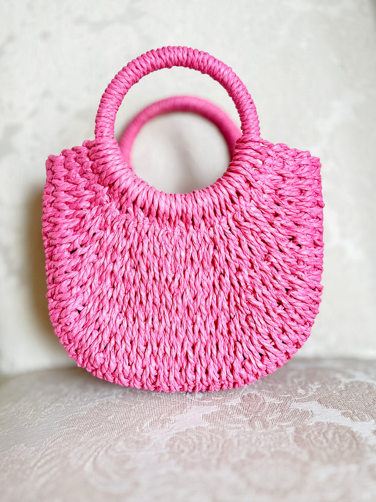 Pink Petite Straw Handbag with Detachable Strap & Drawstring Closure