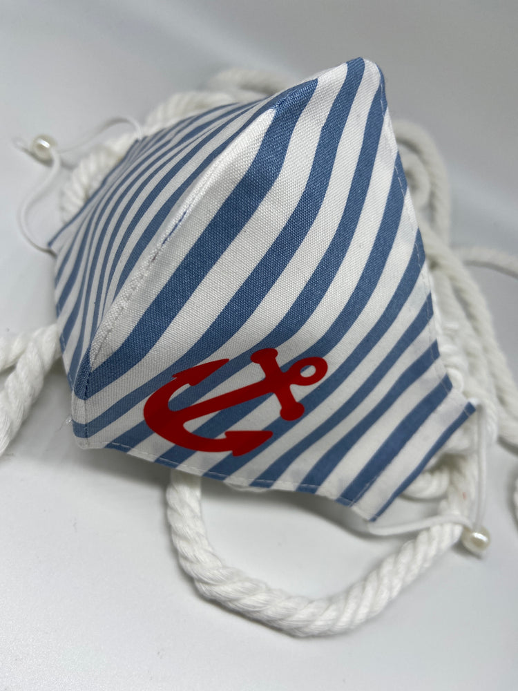 Handmade Nautical Mask with Red Anchor & Pearl Ear Adjusters