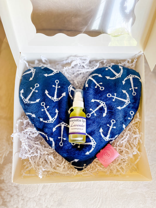 Large Anchor Print Heart Shaped Lavender or Peony Scented Hot/Cold Pack with Lavender Oil or Peony Oil Gift Set