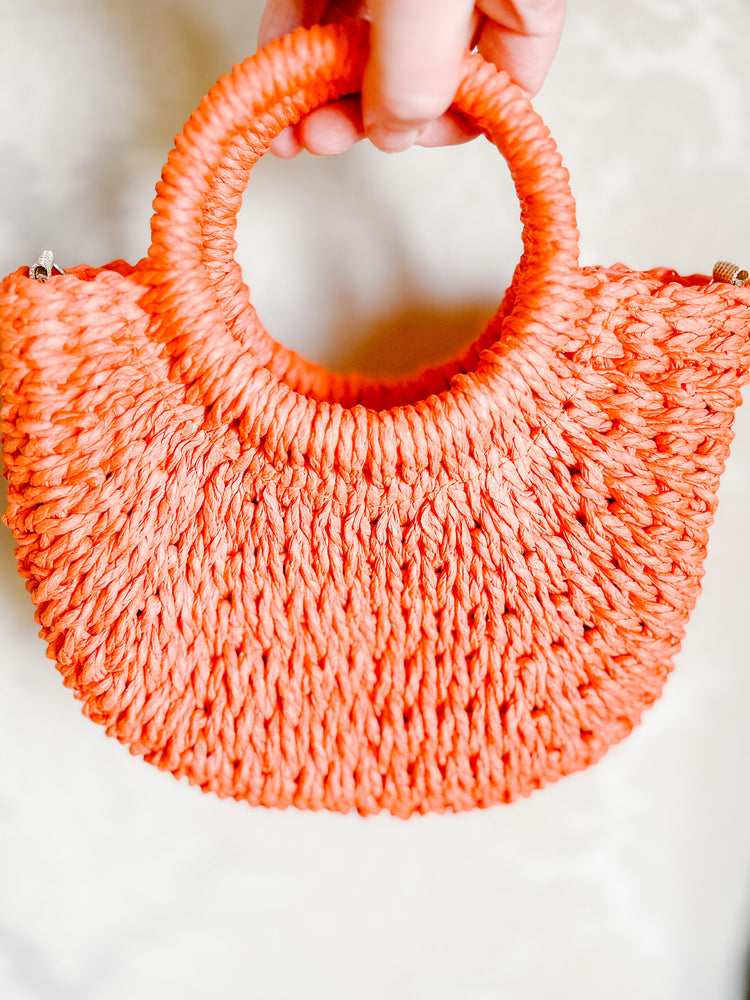 Orange Petite Straw Handbag with Detachable Strap & Drawstring Closure