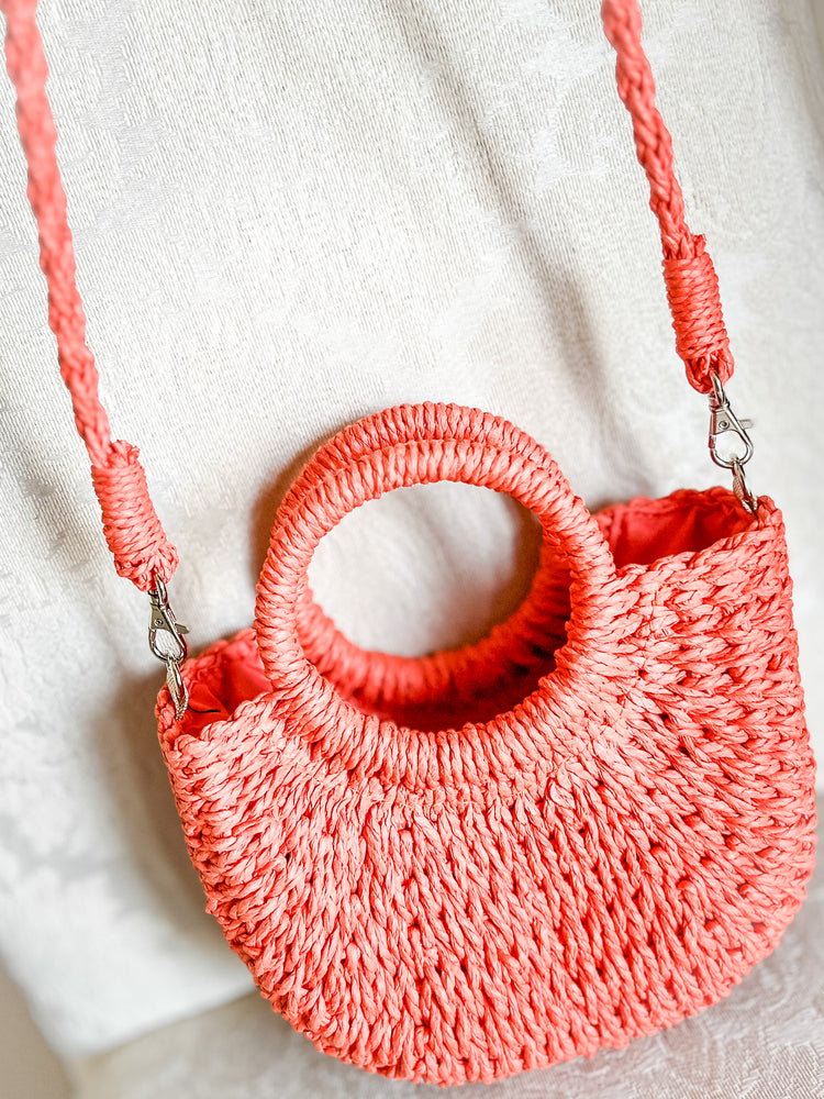 Orange Petite Straw Handbag with Detachable Strap & Drawstring Closure