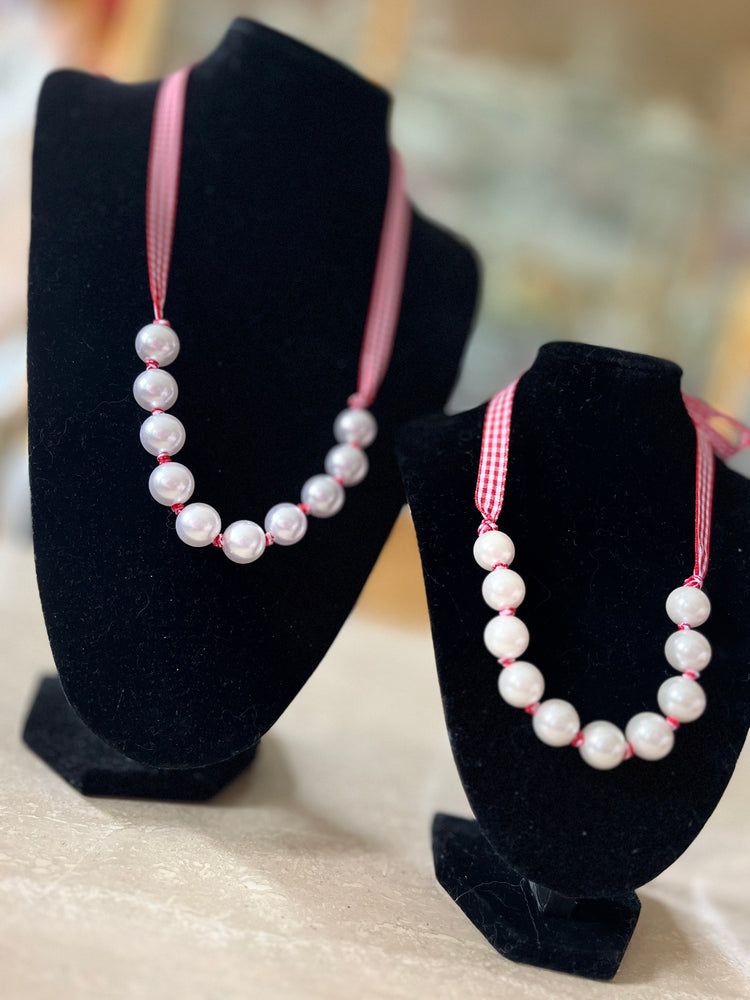 Red & White Gingham & Pearl Adjustable Necklace