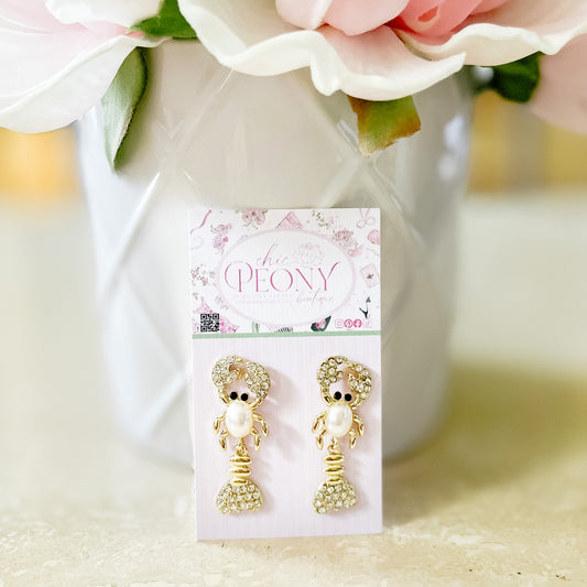 Pearl & Rhinestone Lobster Earrings