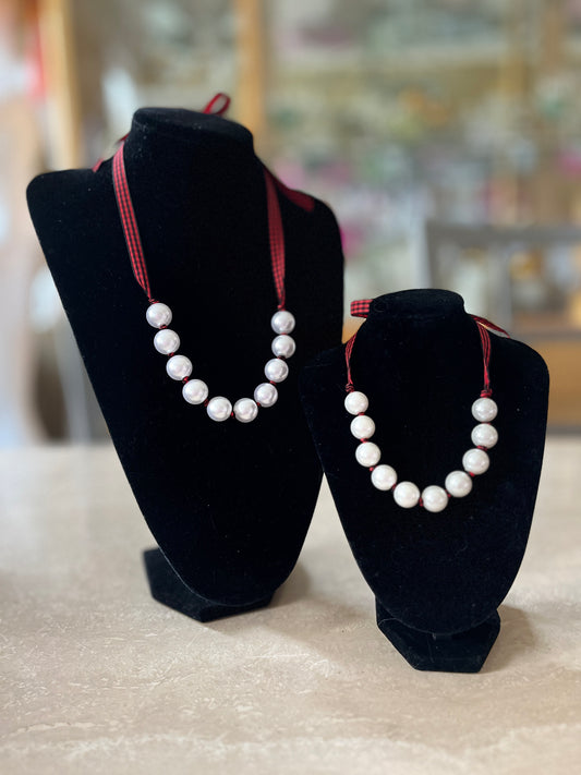 Red & Black Gingham & Pearl Adjustable Necklace