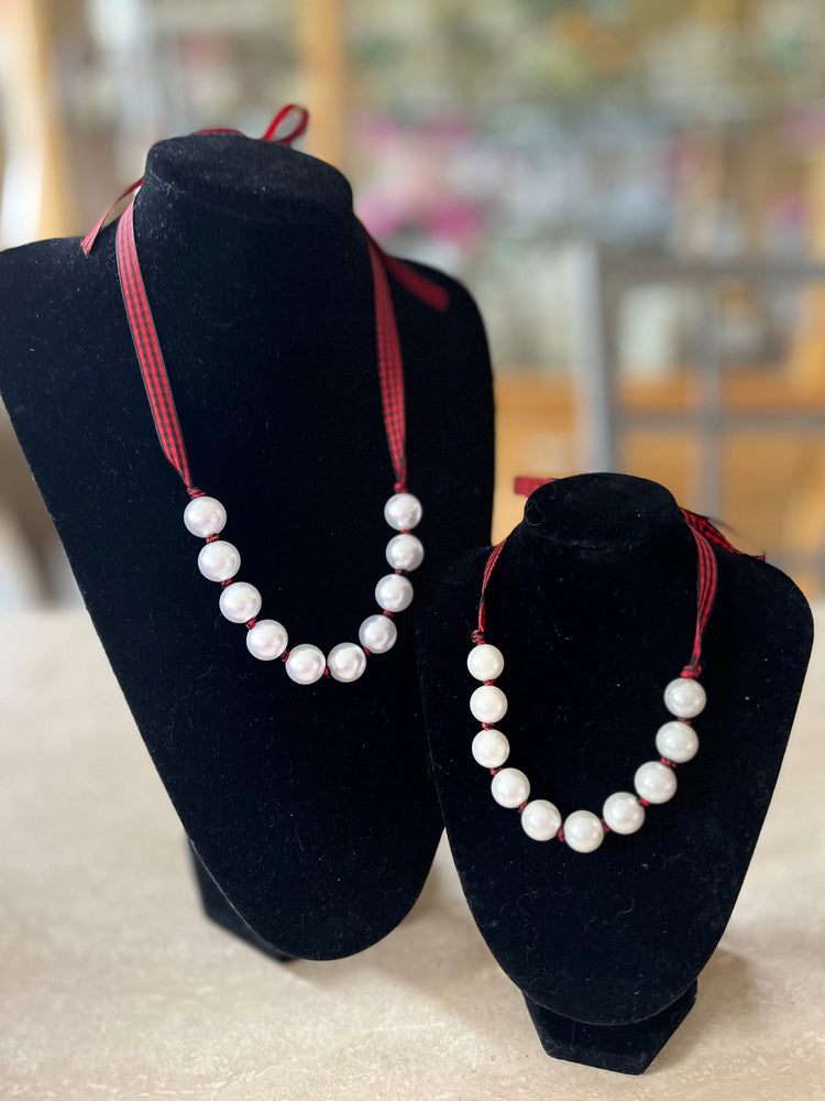 Red & Black Gingham & Pearl Adjustable Necklace