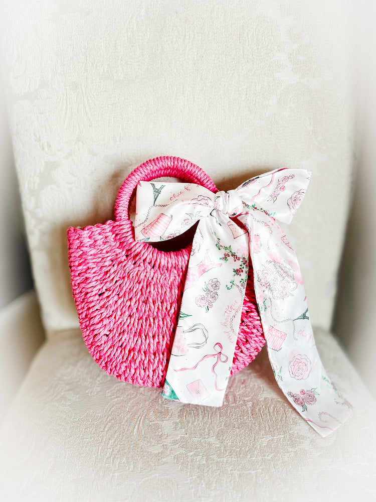 Pink Petite Straw Handbag with Detachable Strap & Drawstring Closure